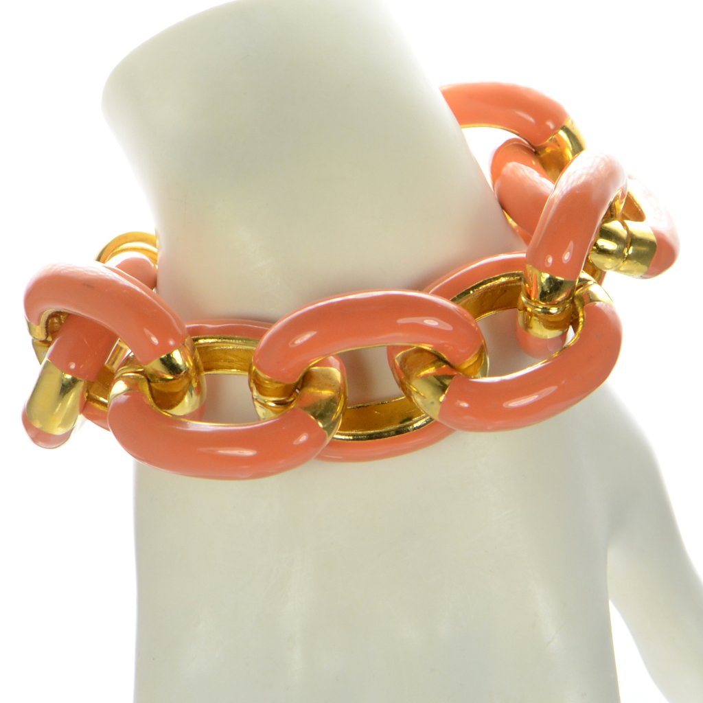 Kenneth Jay Lane Kjl Polished Gold Coral Enamel Chunky Link Bracelet 225$